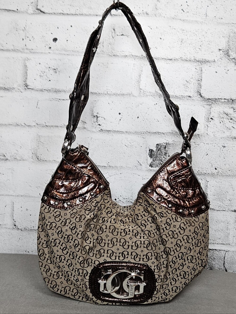 Guess Monogram Canvas Hobo Shoulder Bag Brown Metallic Trim Studded